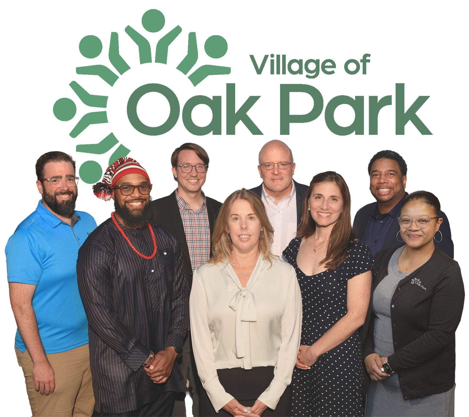 The Oak Park Village Board: Trustee Brian Straw, Trustee Chibuike Enyia, Trustee Derek Eder, President Vicki Scaman, Trustee Jim Taglia, Trustee Jenna Leving Jacobson, Trustee Cory Wesley, Clerk Christina Waters.