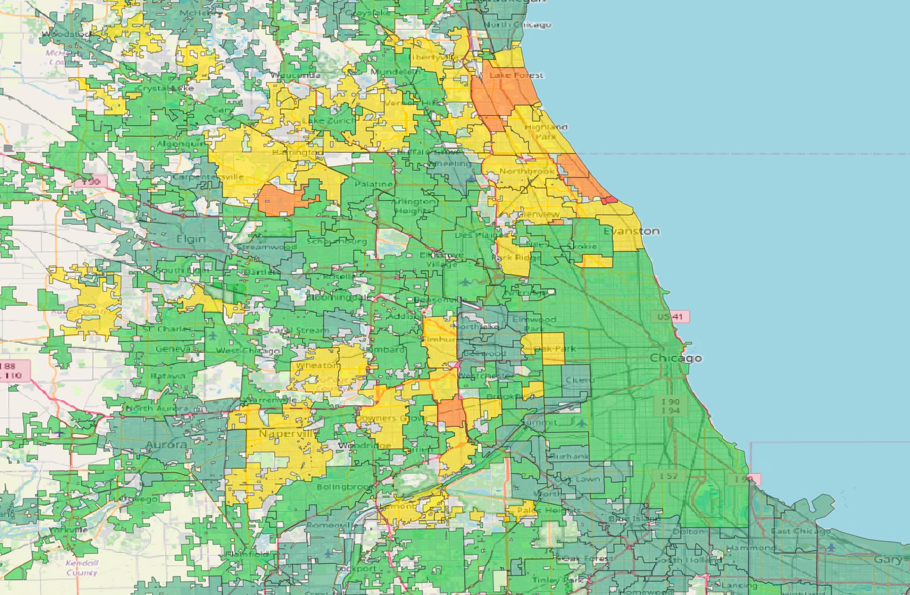 Affordability index for Chicago and surrounding suburbs based on home price vs median income. Green are considered affordable, yellow and orange are not.