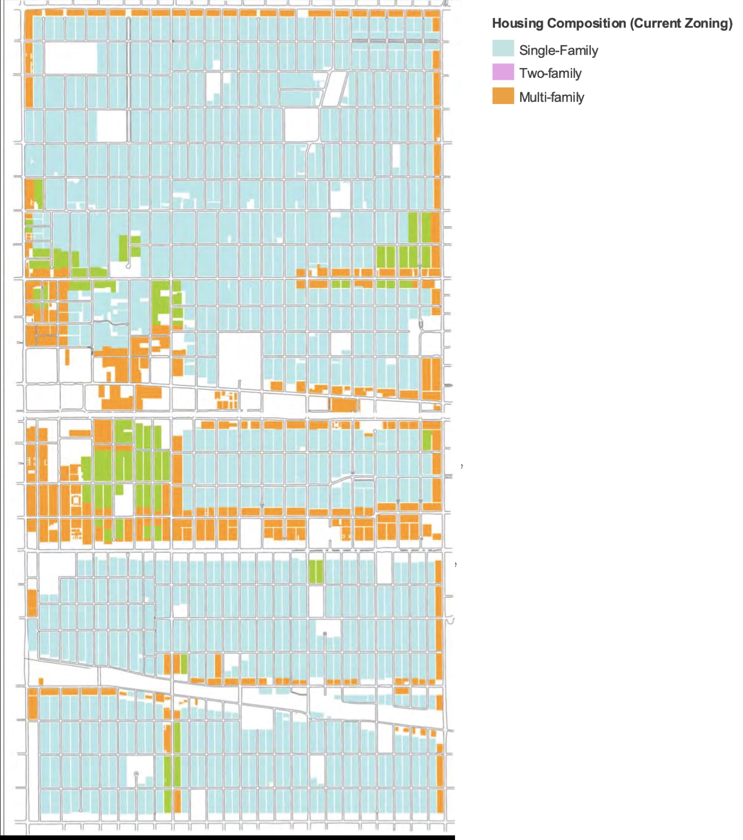 Housing composition of Oak Park’s current zoning. 86% of the land only allows for single family homes (light blue). Source: Opticos Design