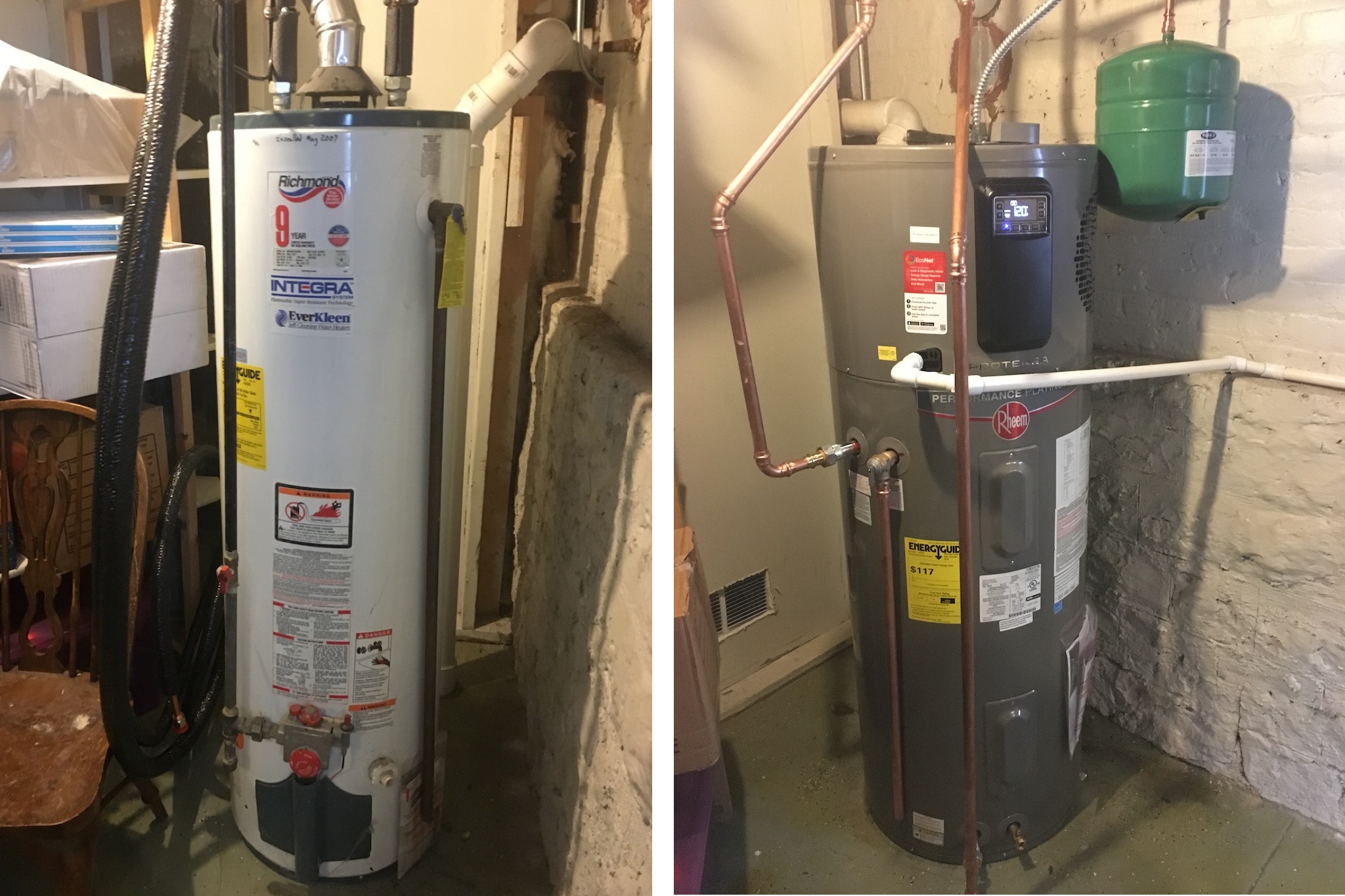 Left: our old gas water heater. Right: our new heat pump water heater