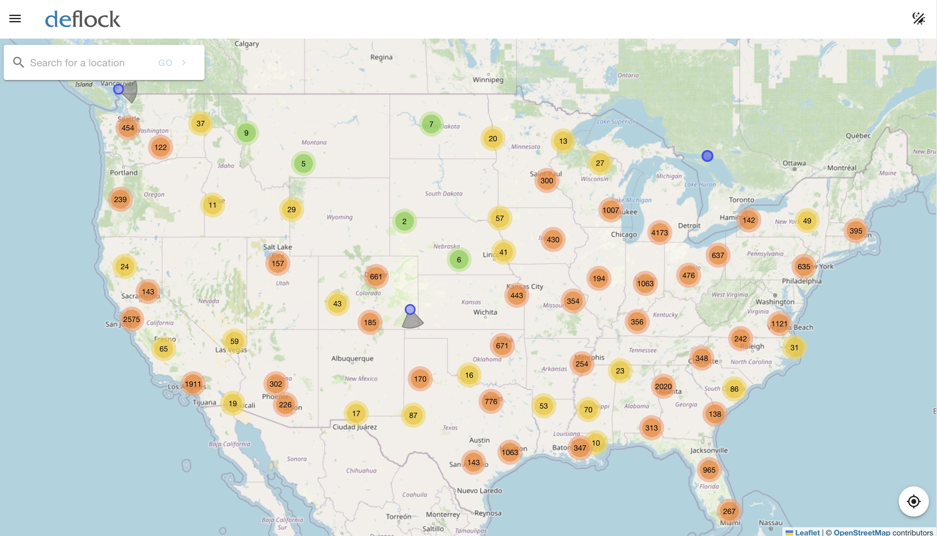ALPR Cameras in the United States, mapped by DeFlock.me