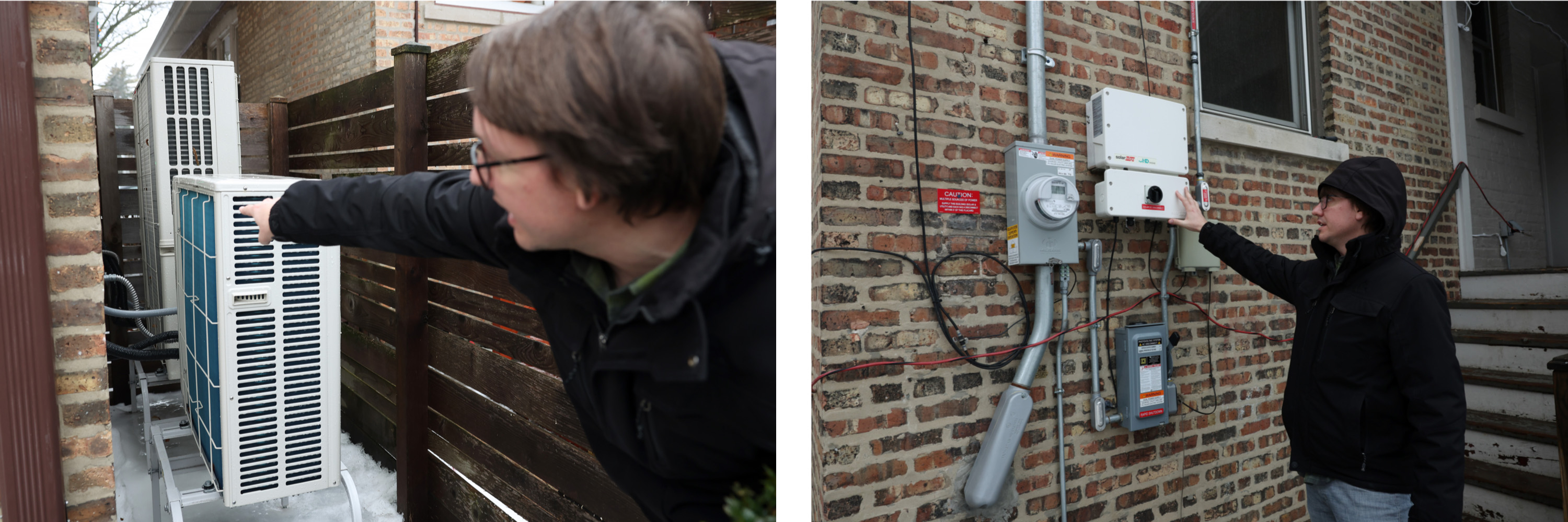 Photos of Derek showing off their heat pump and solar equipment.