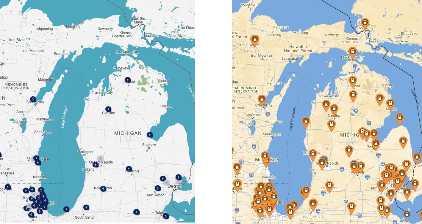 Charging stations in Michigan and Chicago. Left: Electrify America’s high speed charger network. Right: PlugShare’s charger map.