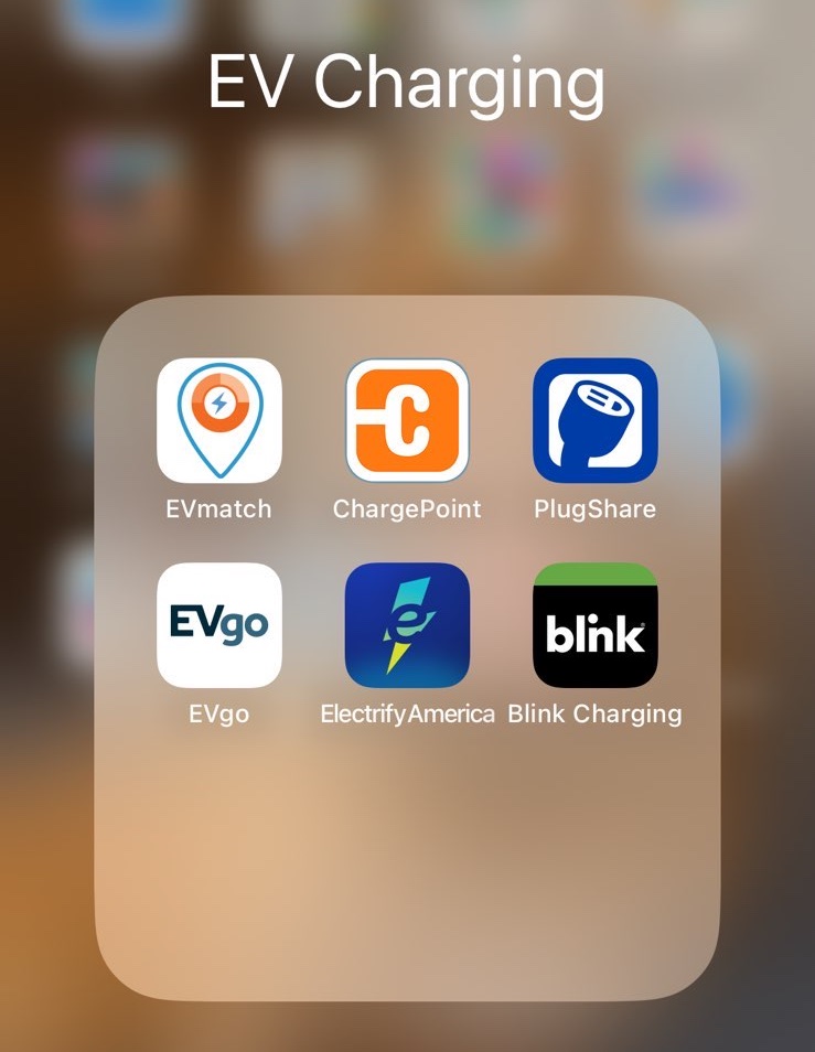 Our downloaded apps for all the different EV charger networks we set up: EVMatch, ChargePoint, EVgo, Electrify America, Blink Charging