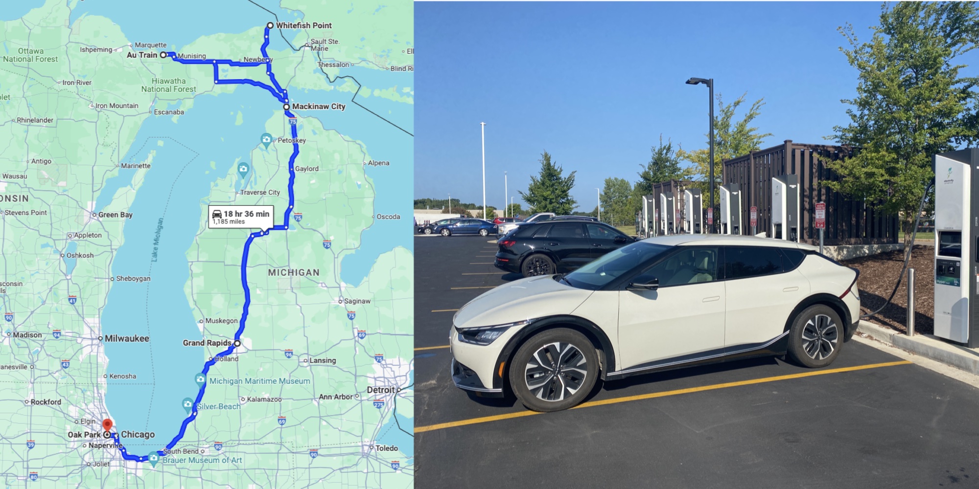 A map of our route from Oak Park to the Upper Penninsula, Michigan and charging our Kia EV6